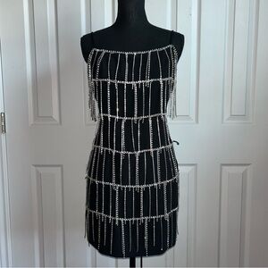 X NBD / Revolve Caroline black dangle rhinestone embellished black mini dress